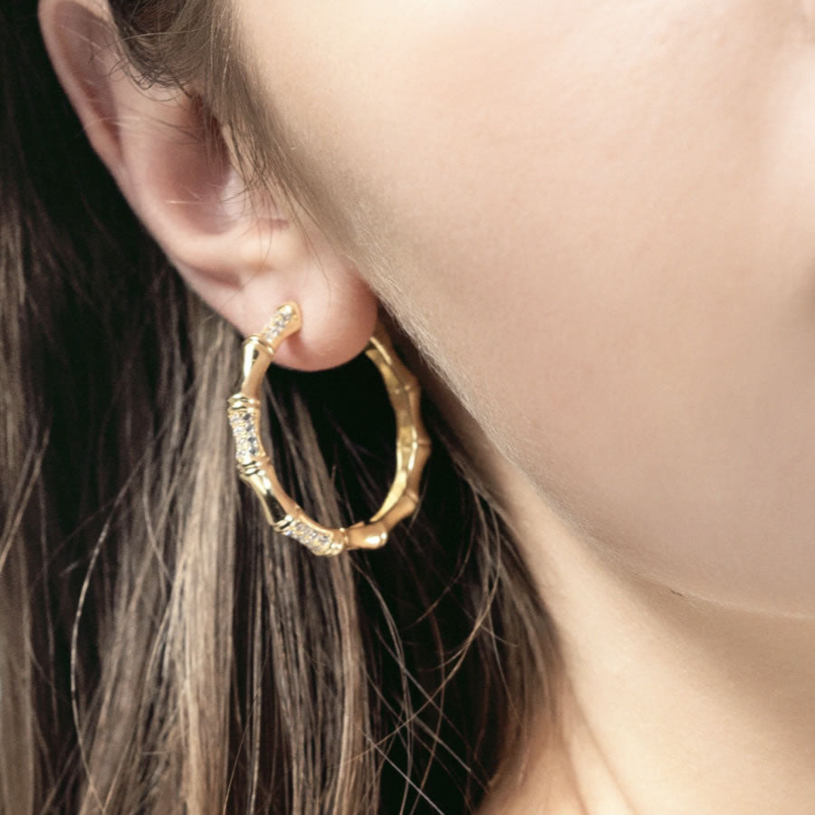 Cubic Zirconia Bamboo Hoop Earrings