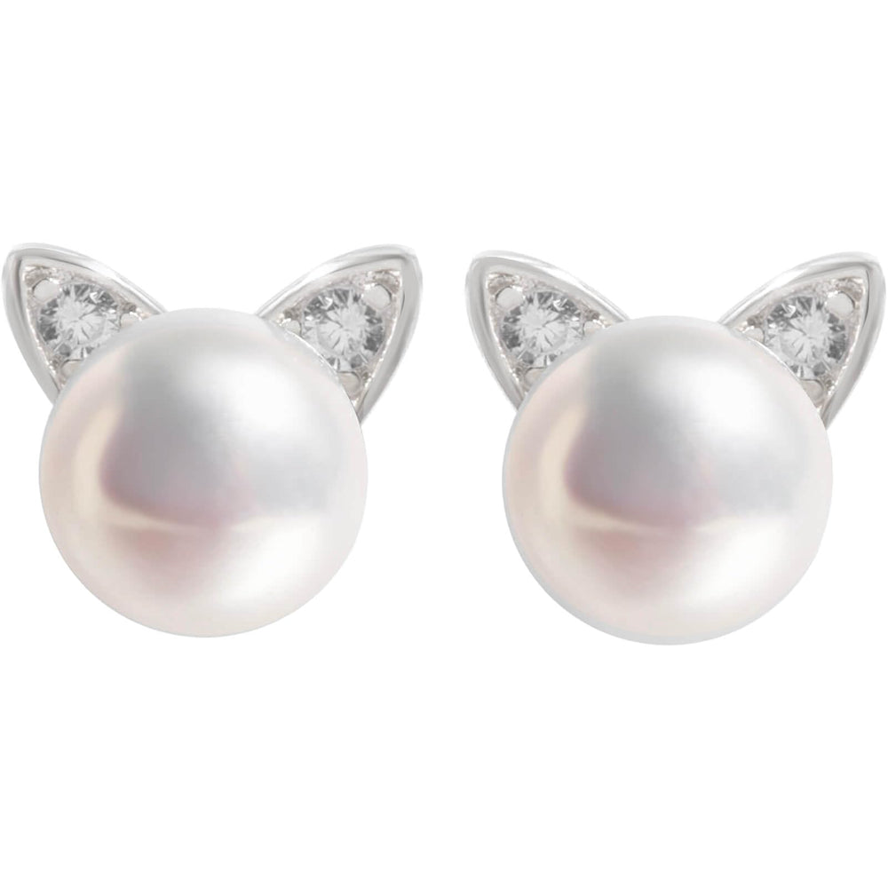 Cubic Zirconia Ear Cat Pearl Stud Earrings