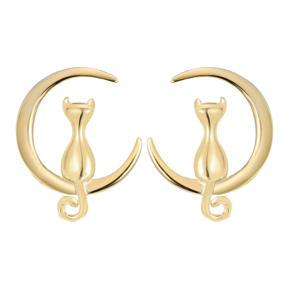 Cat Moon Stud Earrings Sterling Silver