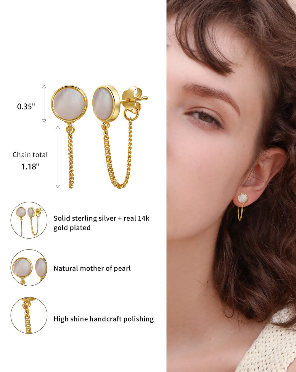 S.Leaf Gold Chain Earrings for Women Mother of Pearl Shell Earrings