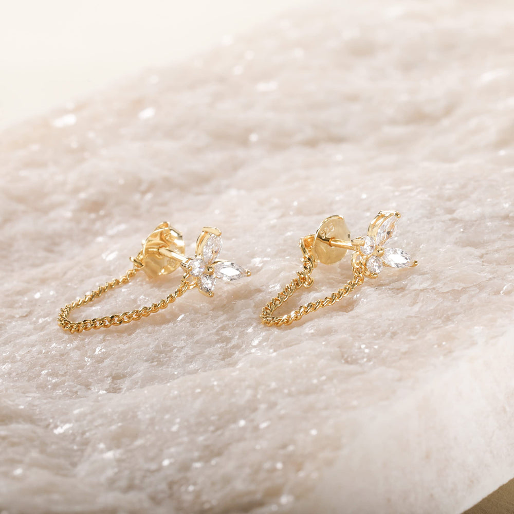 Cubic Zirconia Stud Gold Chain Earrings