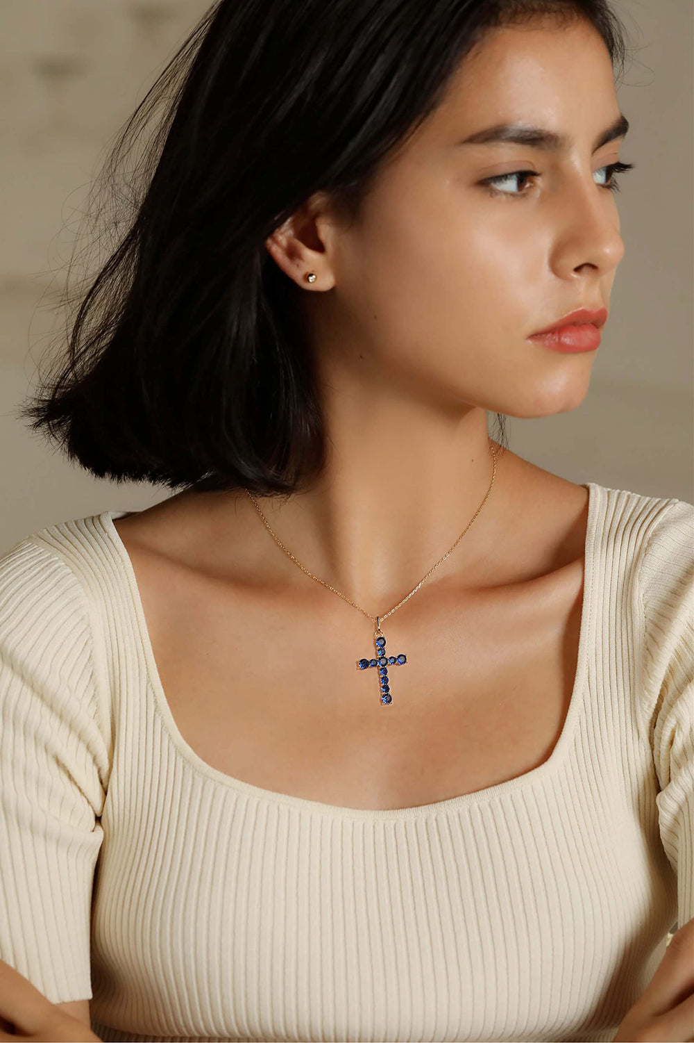 S.Leaf Sterling Silver 14K Gold Plated Cubic Zirconia Cross Necklace