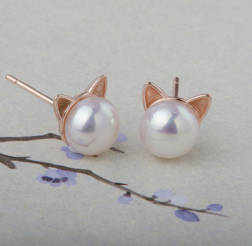 Cat Ear Pearl Stud Earrings