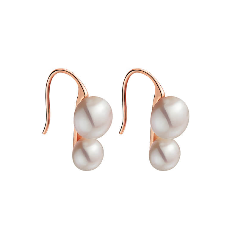 Rose Gold Natural Dual Pearl Dangle Drop Earrings