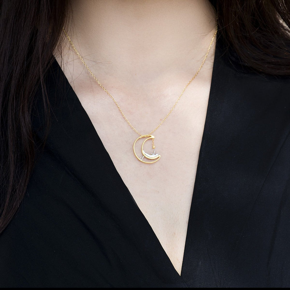 moon cat star pendnat necklace gold plated