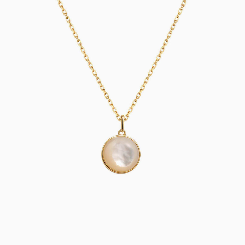 Gold 12mm Convex Round Mother of Pearl Pendant Necklace